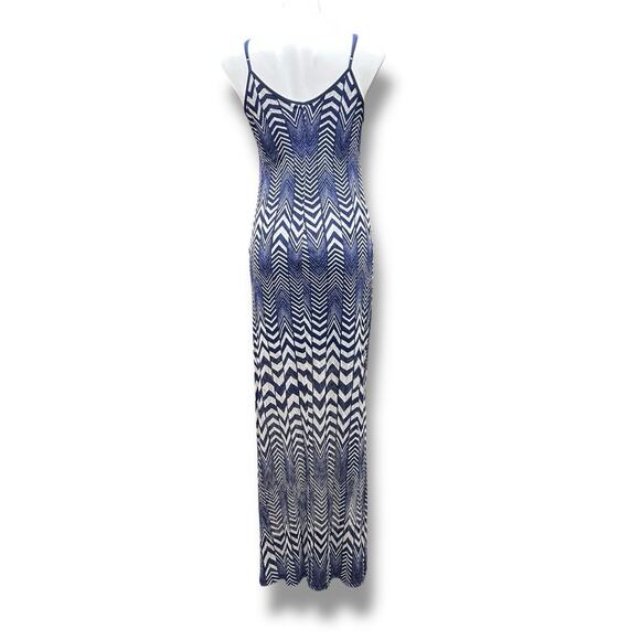 Chevron Maxi Dress Zigzag Pattern Bodycon Navy Blue Tan Slits Slip Lined L Y2K - Picture 4 of 8